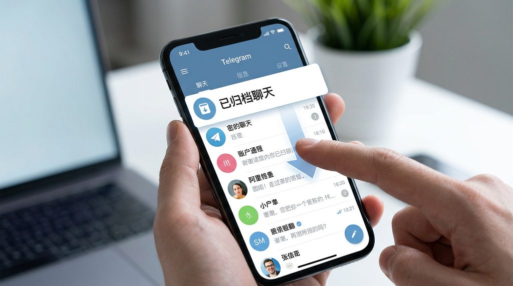 智能手机屏幕展示纸飞机聊天列表顶部向下滑动的动作，显示出“已归档聊天”的入口，界面简洁清晰