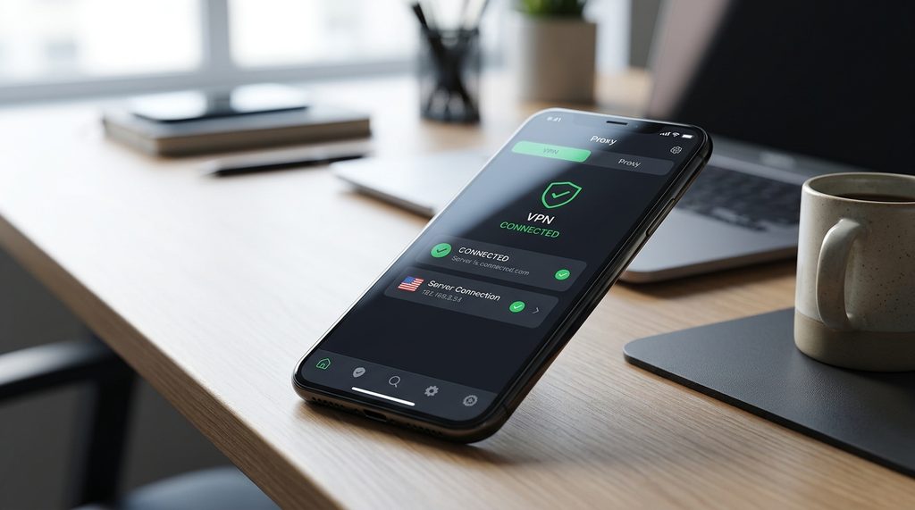 一部智能手机正在运行网络代理软件，界面显示连接成功，背景为简洁的办公桌面风格