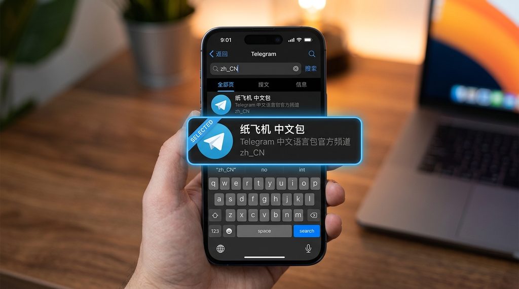 手机屏幕显示纸飞机搜索框输入 zh_CN 的操作界面，高亮显示搜索结果