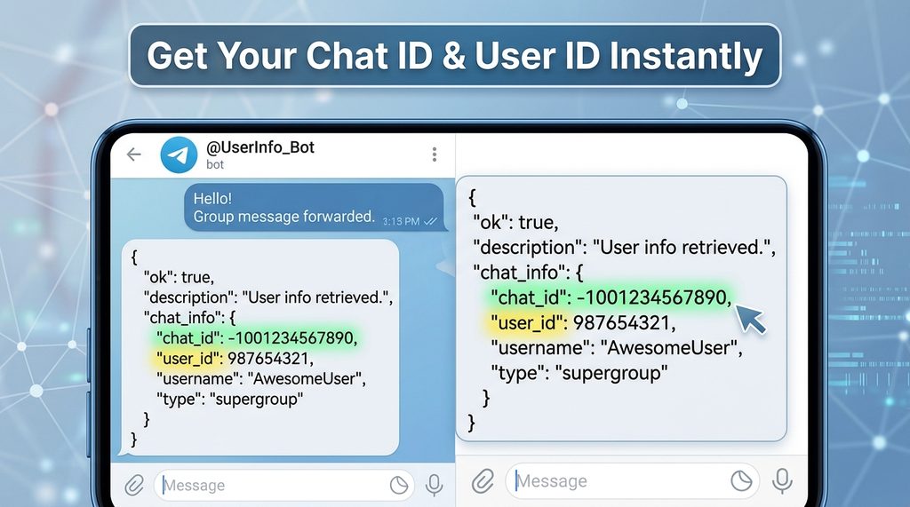 手机屏幕截图，显示在纸飞机聊天界面中，机器人返回包含了Chat ID、User ID等信息的JSON