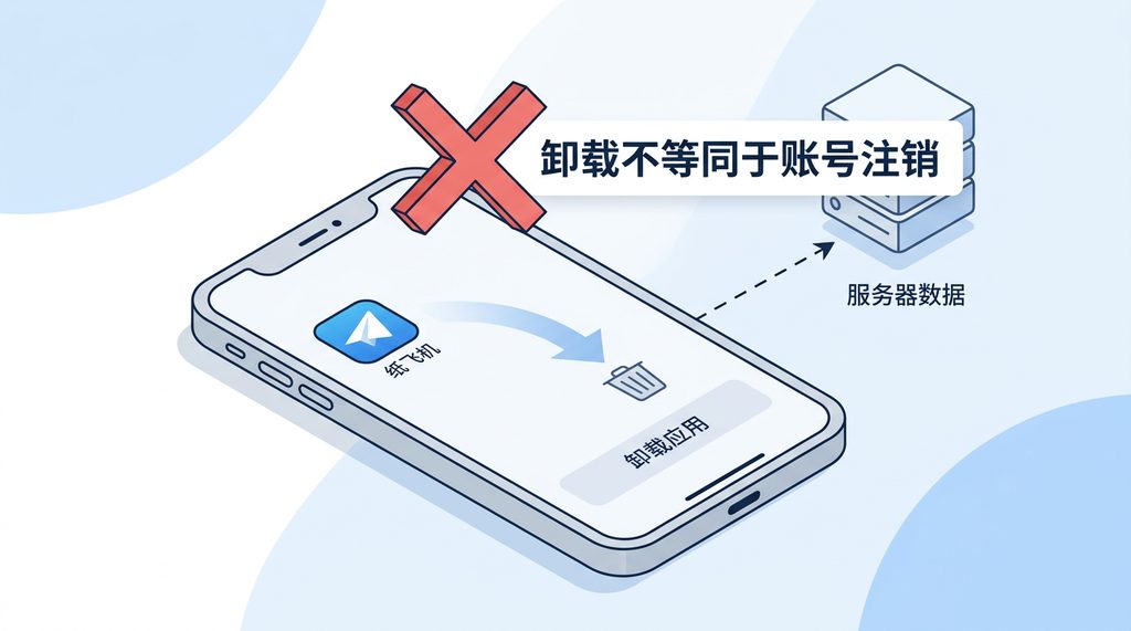 一部智能手机显示卸载应用的操作界面，旁边标注一个红色的叉号，示意卸载不等同于账号注销的对比效果，极简