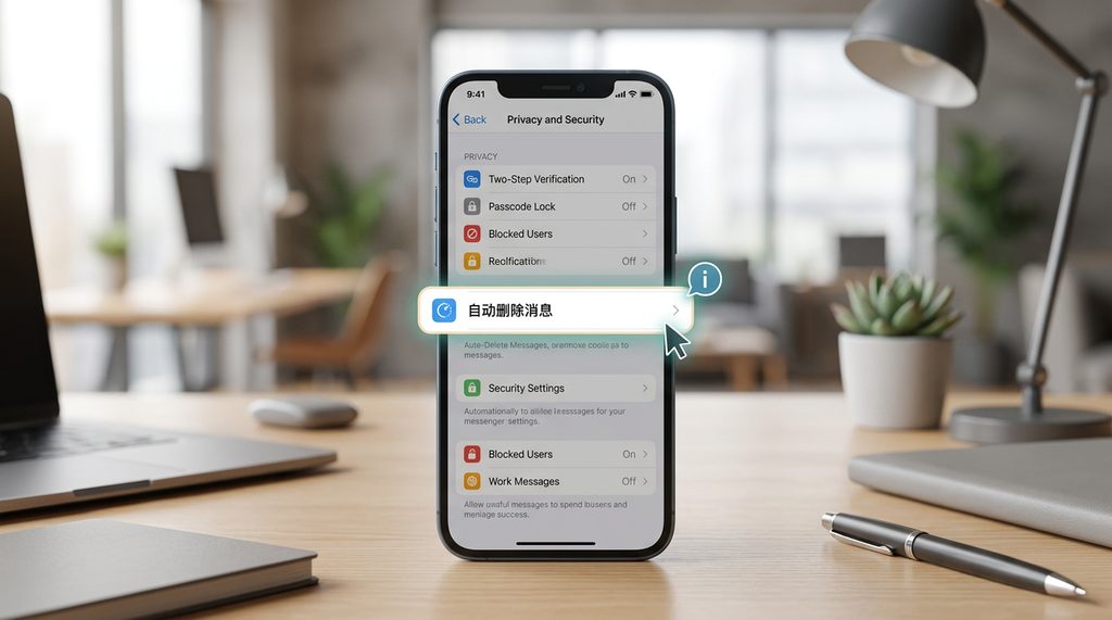 展示纸飞机设置菜单中“隐私与安全”页面，重点标记“自动删除消息”设置项，背景为柔和的科技办公桌面
