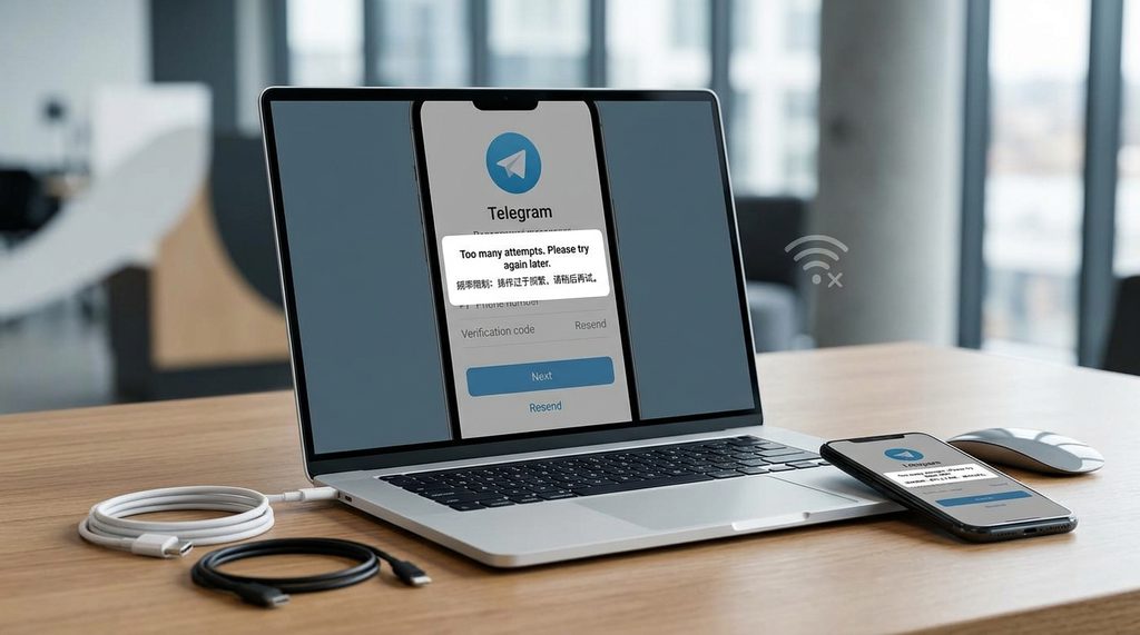 纸飞机注册界面弹出频率限制提示，周围摆放着极简风格的笔记本电脑和数据线，强调技术排查场景