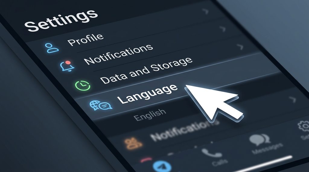 纸飞机设置菜单页面，光标指向 Language 选项的放大特写，简洁深色模式风格