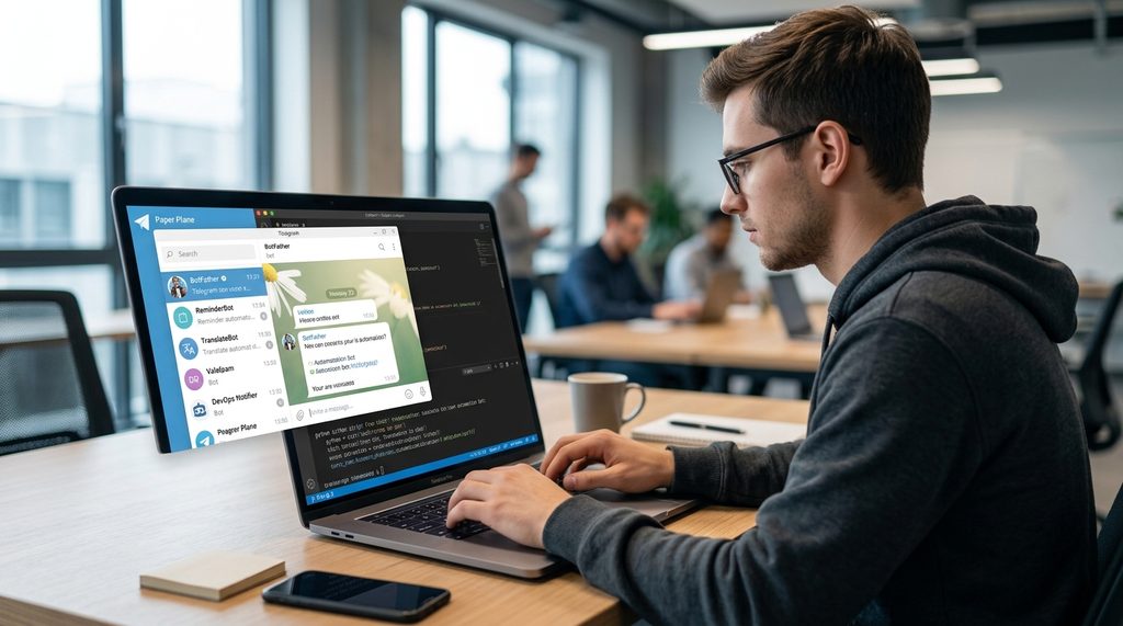 程序员在笔记本电脑上操作纸飞机桌面端,侧边栏显示多个自动化机器人对话窗口,屏幕显示代码运行指令