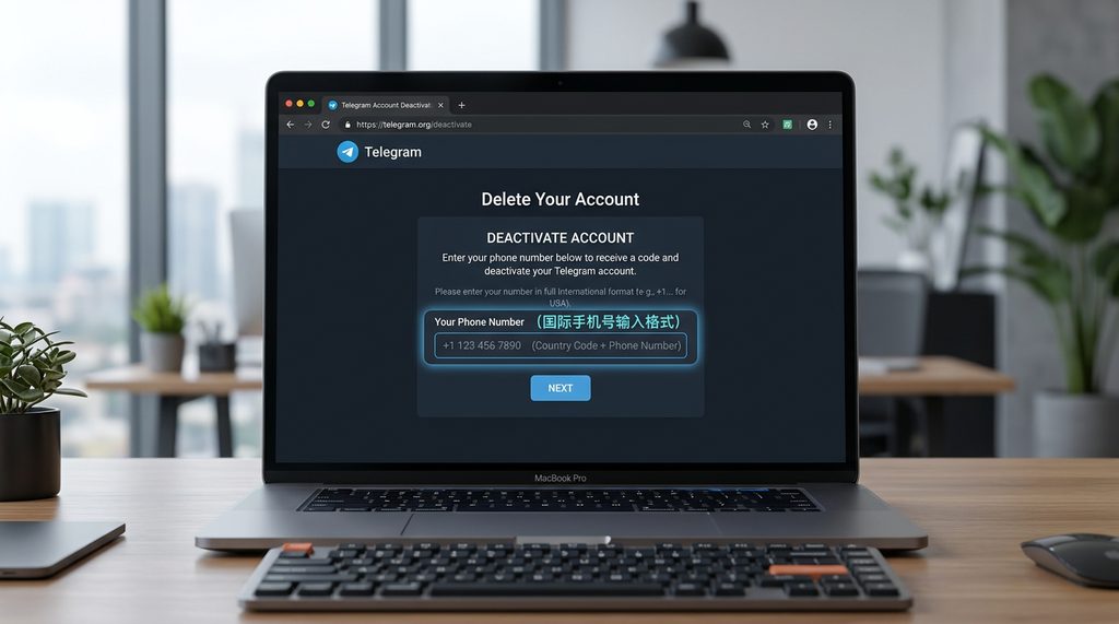 电脑浏览器显示纸飞机账号注销输入框页面，界面简洁，突出国际手机号输入格式，专业科技风格