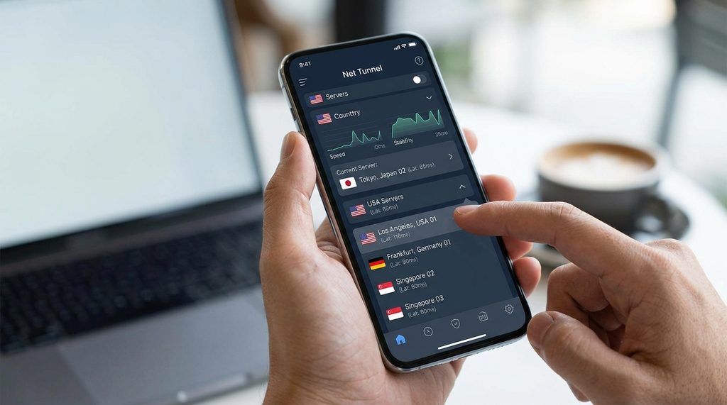 用户在手机上打开代理工具界面，正在切换不同国家节点进行网络连接测试，画面简洁专业