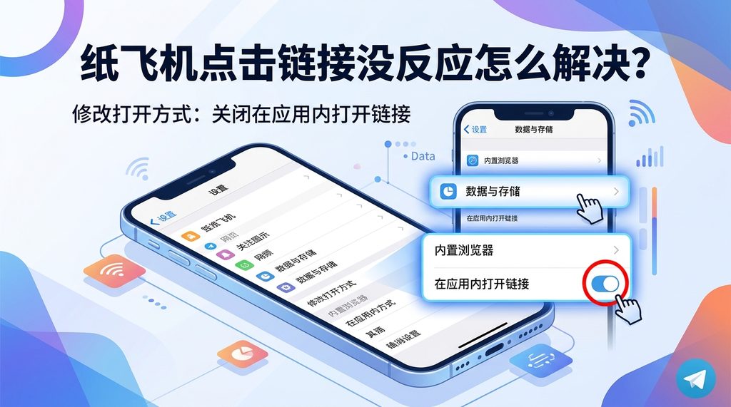 纸飞机设置菜单的截图，高亮显示“数据与存储”和“内置浏览器”选项，标注出关键的开关按钮