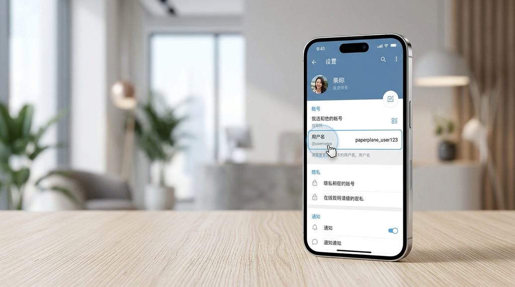 智能手机界面展示纸飞机设置页面,光标停留在用户名修改选项处,背景为现代简约风格