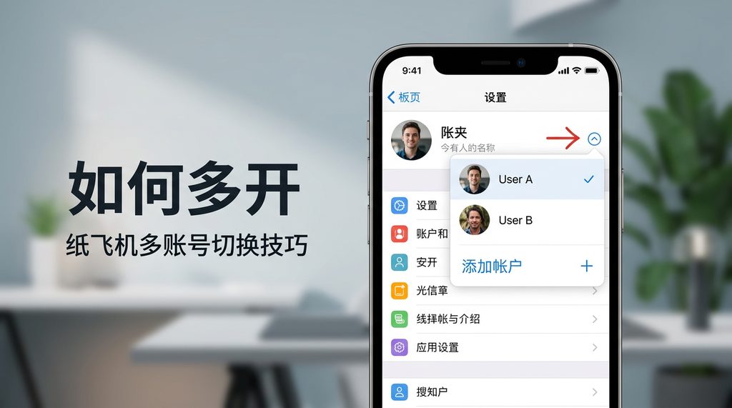 手机纸飞机应用界面，展示账号切换菜单和添加新账号的加号按钮，简洁明了的UI风格