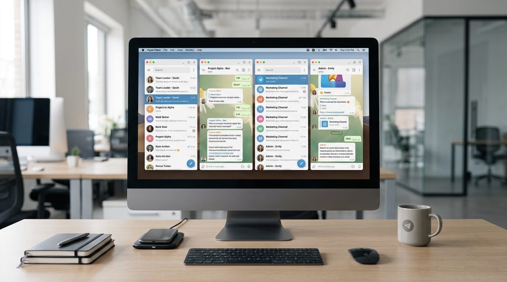 电脑桌面显示多个纸飞机窗口并排布局，展示不同账号的消息列表，专业办公环境