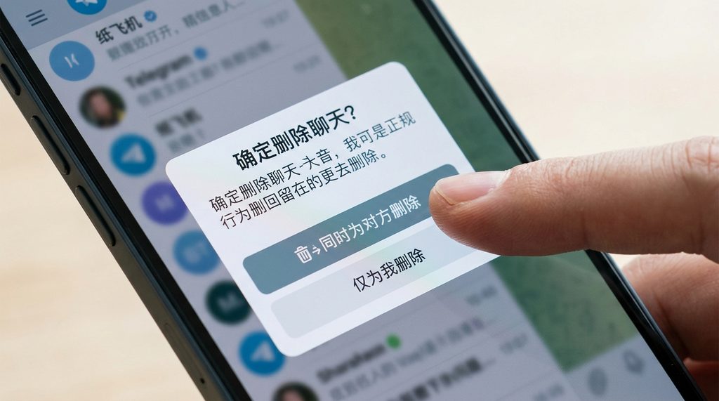 智能手机界面,手指正在点击纸飞机聊天软件中“同时为对方删除”的确认选项,UI风格清晰简洁