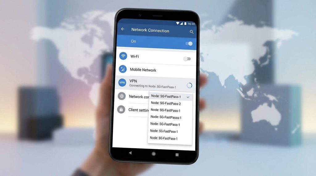 一部智能手机显示网络连接设置页面，界面简洁，背景模糊，呈现出正在调整VPN节点的状态