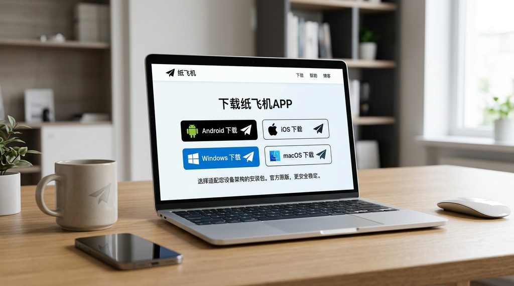 电脑屏幕展示 纸飞机 官方下载页面，清晰的图标和不同系统平台的下载入口，专业感强