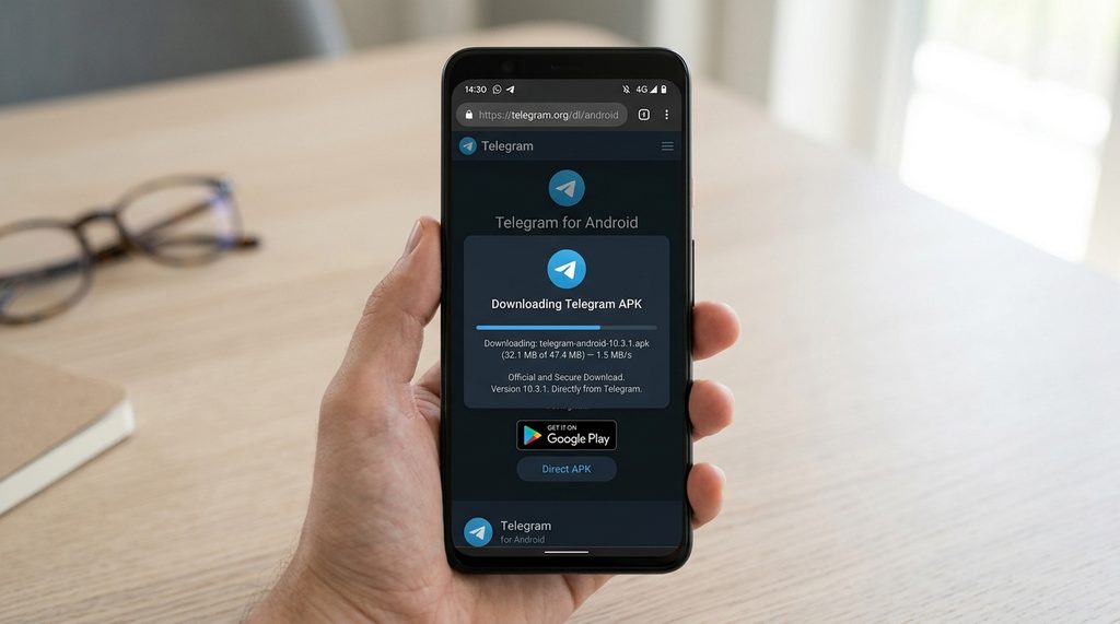 一个清晰的智能手机屏幕展示,显示正在从纸飞机官方网页下载APK文件的进度条,背景简洁,光影自然