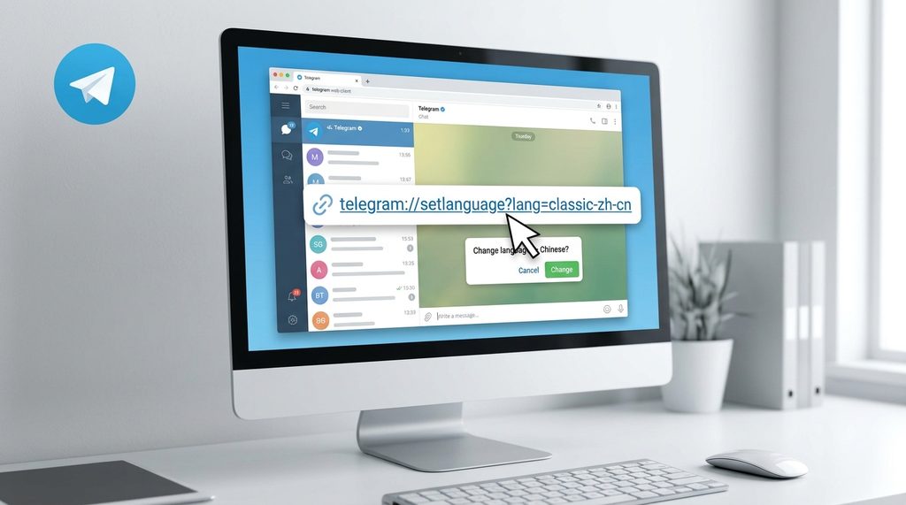 一个电脑屏幕显示纸飞机网页版界面，光标正点击链接进行语言切换，背景干净简洁