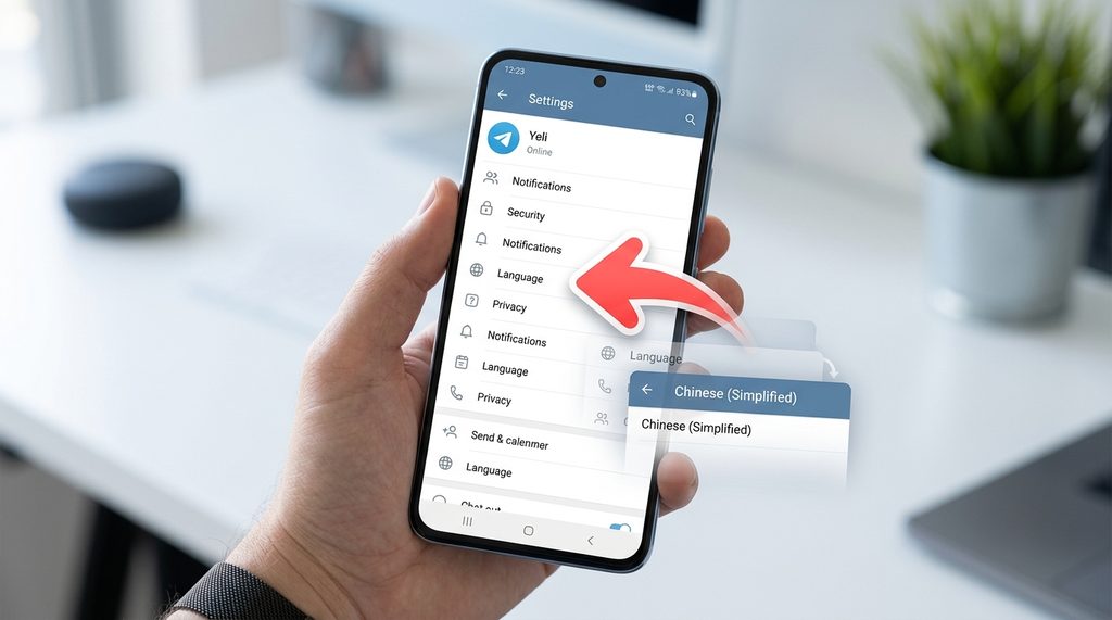 手机屏幕上显示的纸飞机设置菜单,箭头指向“Language”选项,展示如何设置中文界面的操作流程