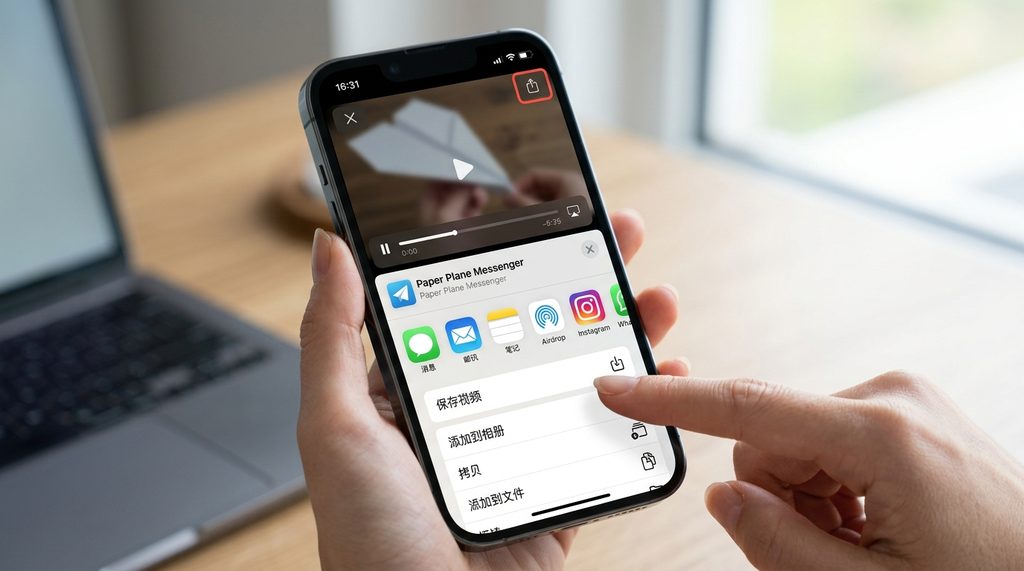 iPhone 屏幕显示纸飞机分享菜单,手指点击保存视频按钮的特写,UI风格简洁清晰