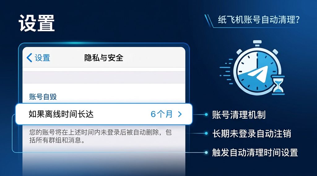 纸飞机软件隐私与安全设置界面,重点突出“删除我的账号”时间周期选项,界面清晰简洁
