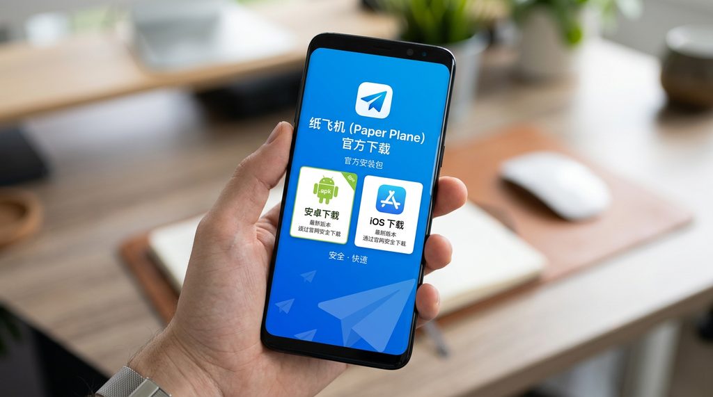一部智能手机打开纸飞机官方下载网页的界面，简洁的蓝色背景，清晰显示安卓和iOS下载图标，高保真摄影风