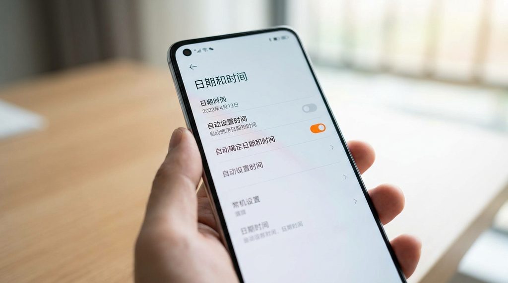 手机设置界面的特写图，展示“自动设置时间”选项被开启的状态，背景模糊体现出专业简洁感