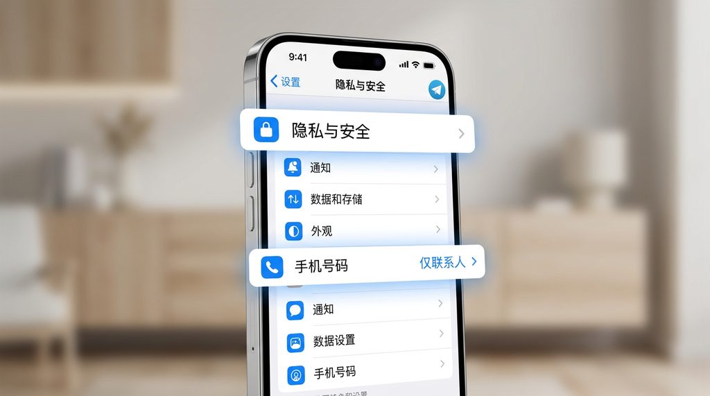 纸飞机手机App的隐私设置菜单截图，勾选显示“隐私与安全”选项，背景简洁现代