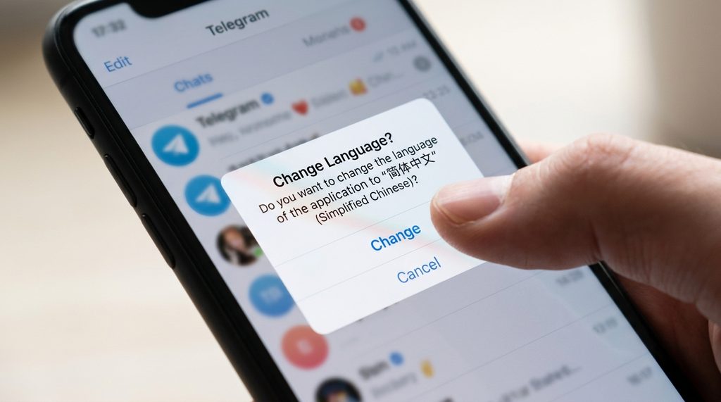 手机屏幕上显示纸飞机官方语言包确认弹窗，界面简洁，手指点击“Change”按钮的特写