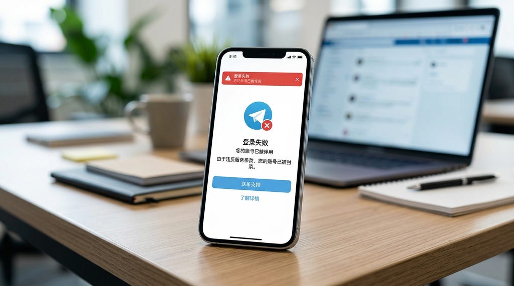 一部智能手机显示纸飞机应用登录失败的红色警告界面，背景模糊的办公室环境