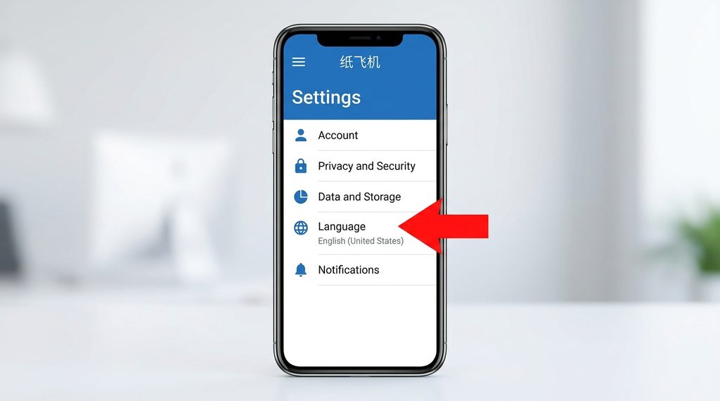 纸飞机设置菜单页面，箭头指向“Language”选项，界面色调为经典的纸飞机蓝白风格