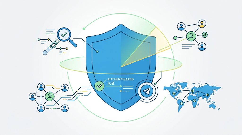 极简风格的图标插画，展示账号保护与风控逻辑，包含盾牌和扫描标志