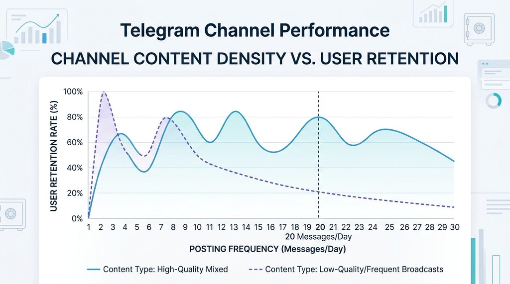 一张展示纸飞机频道后台数据分析图表，显示发布频率与用户留存率之间的波形波动，配色简洁现代