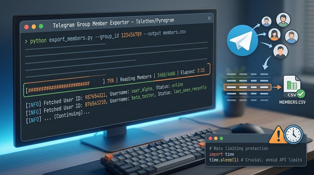一段展示 Python 代码运行效果的屏幕截图，终端显示着正在读取成员列表的进度条